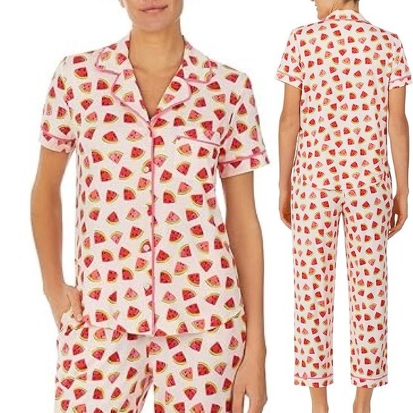 Kate Spade Brushed Jersey Short Sleeve Cropped PJ Set (Watermelon Slices) Size M - Picture 2 of 13